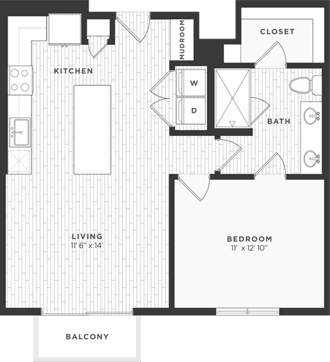 Floor plan for 1 bed, 1 bath, 759 sqft